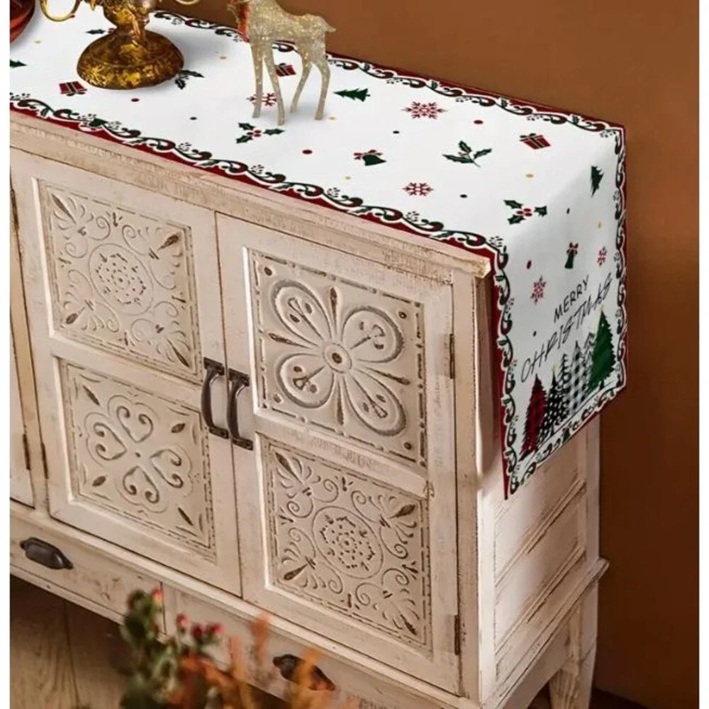 Merry Christmas Table Runner 13x72in Linen Holly Trees Snowflakes Bells